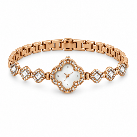 Rose-Gold Four-Leaf Clover White Crystal Bracelet Watch