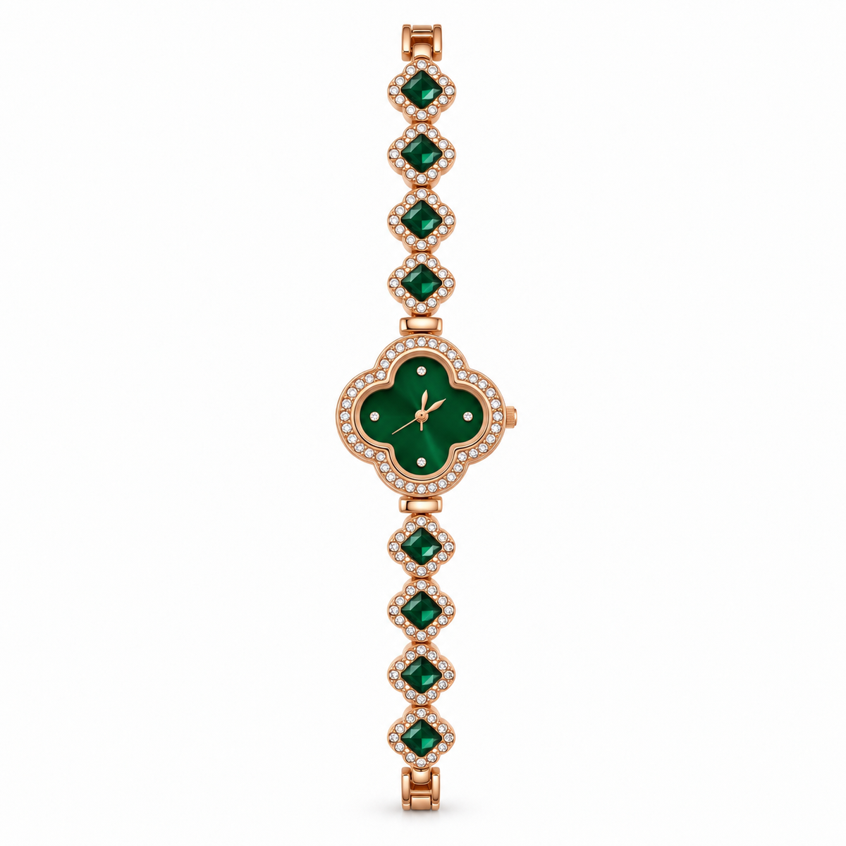 Rose-Gold Four-Leaf Clover Green Crystal Bracelet Watch