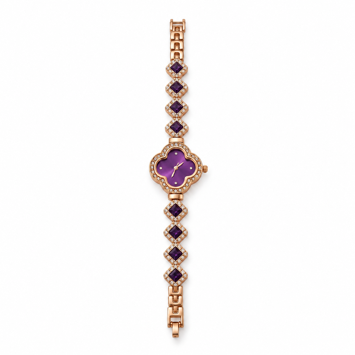 Rose-Gold Four-Leaf Clover Purple Crystal Bracelet Watch