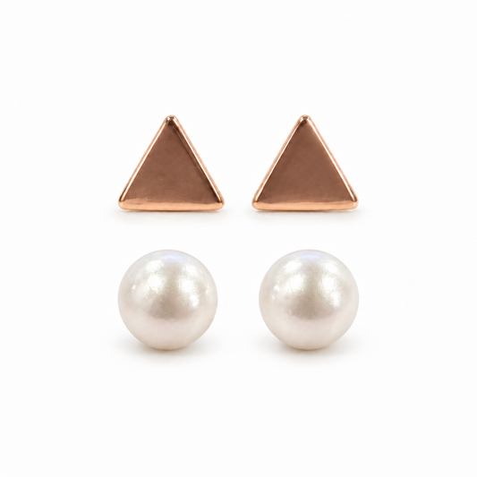 Rose-Gold Triangle and Pearl Stud Earring Set