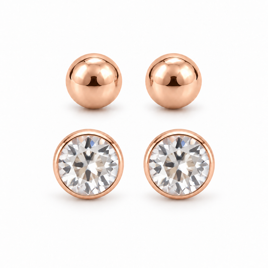Rose-Gold Ball and Crystal Stud Earring Set