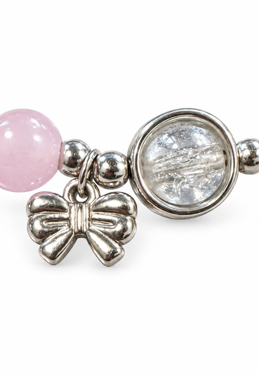 Pink and White Beaded Bow Charm Bracelet
