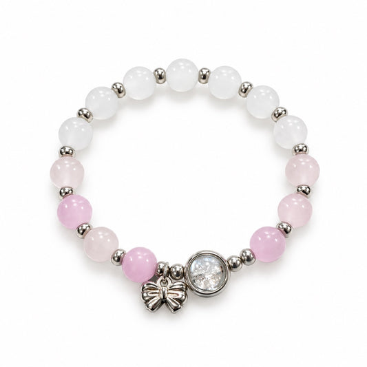 Pink and White Beaded Bow Charm Bracelet