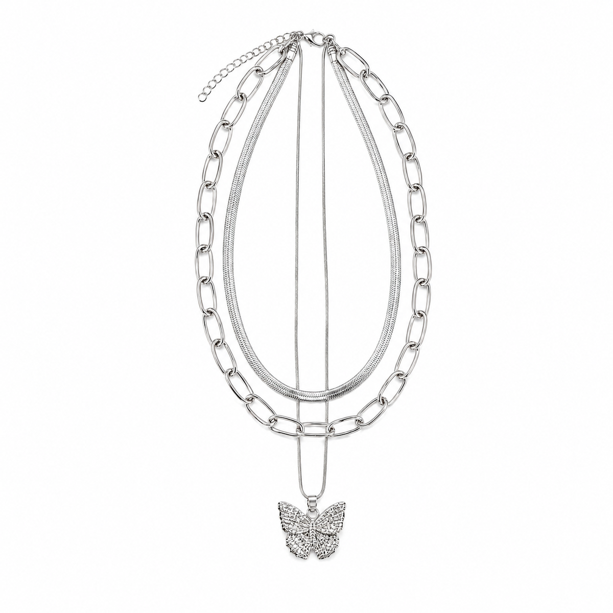 Silver-Tone 3 Layered Butterfly Necklace
