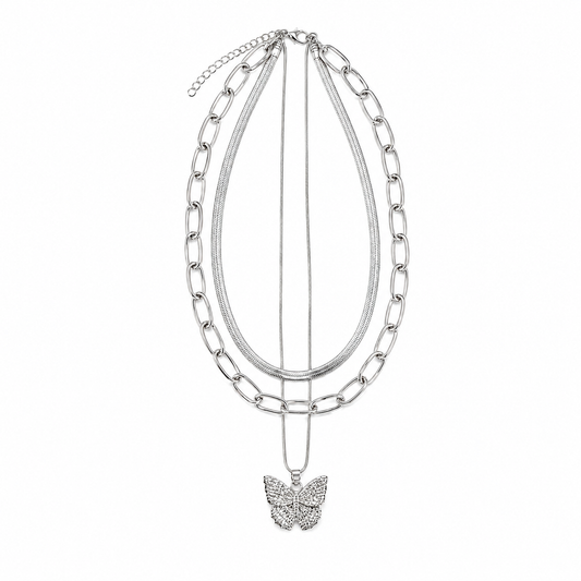 Silver-Tone 3 Layered Butterfly Necklace