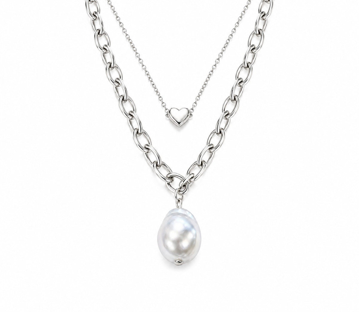 Silver-Tone Layered Heart & Pearl Pendant Necklace